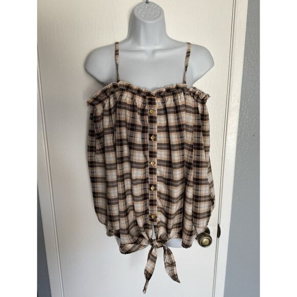 New Glory Tops - New Glory Off The Shoulder Crop Front Tie Knot Button Brown Peach Plaid WM 2X